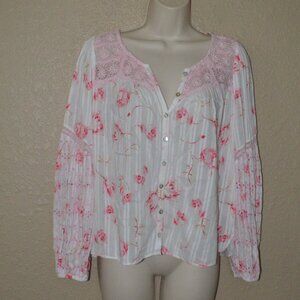 $290 Sz S LoveShackFancy Pink Floral Print Lilith Long Sleeve Blouse